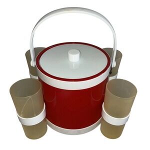 Shelton Ware Ice Bucket Cup Holders Red White Durlane Cups Vintage *flaws